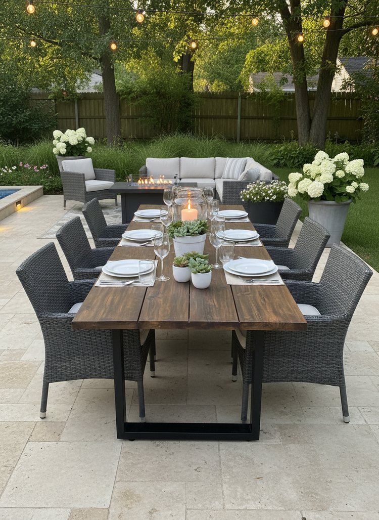 Outdoor dining setup with a wooden table, eight chairs, elegant tableware, and soft lighting in a garden setting.