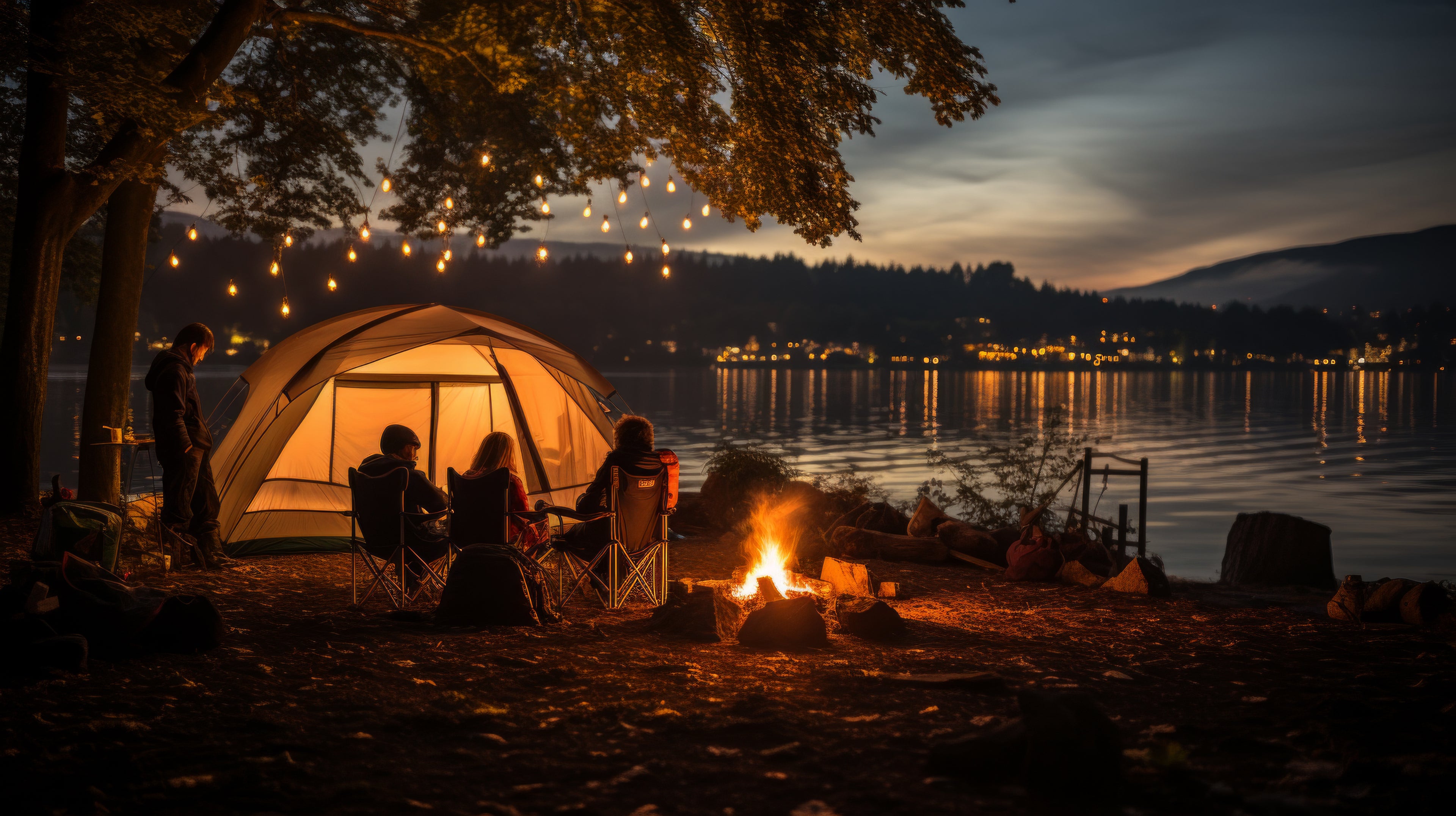 Family camping at night sitting by campfire that's next to a lake