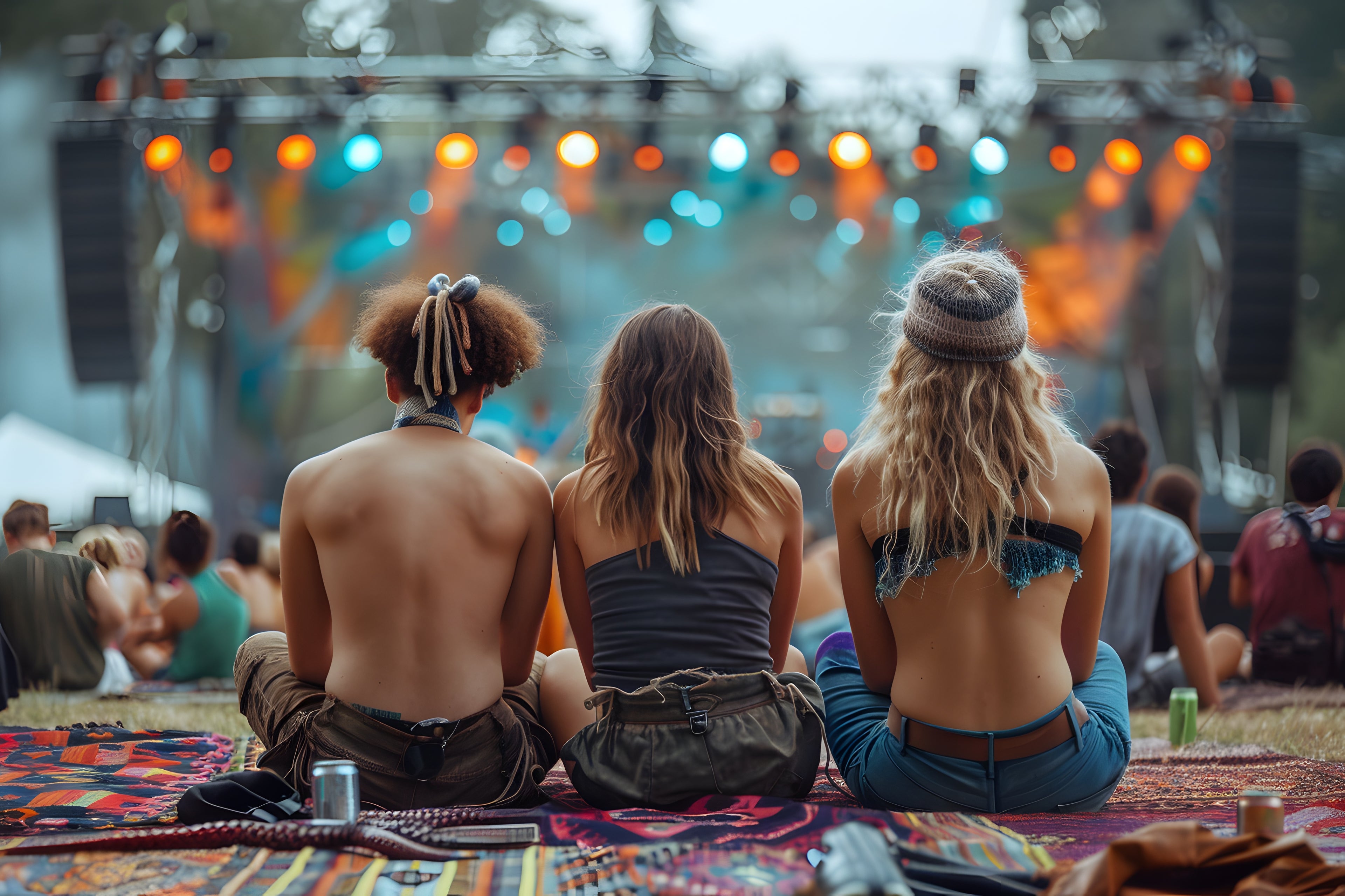 Two Women and 1 Guy sitting on a Chevron blanket at an outdoor music festival