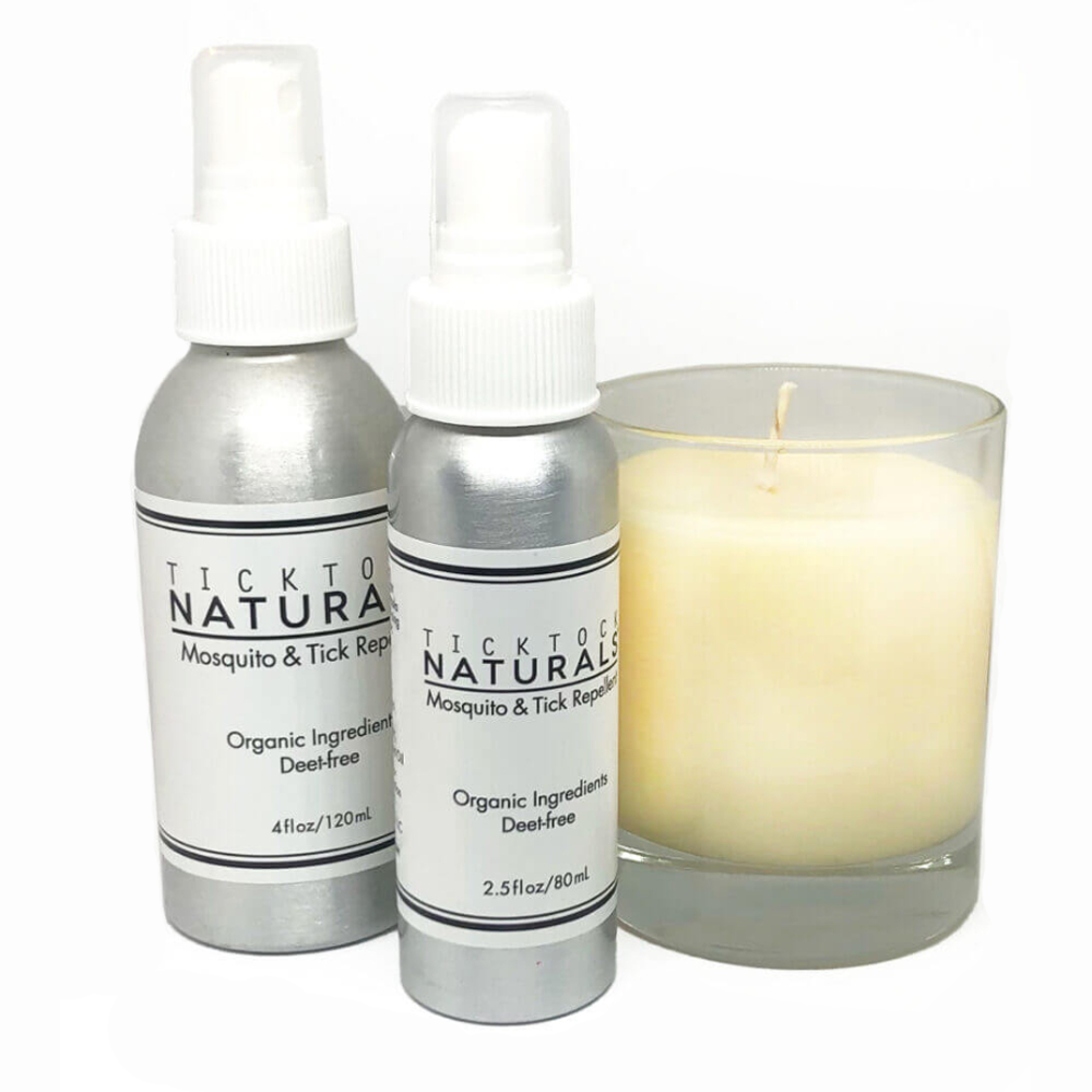 Tick Tock Naturals Organic Insect Repellent Backyard Bundle. Includes: One 2.5 oz Travel Spray Bottle, One 4oz Spray Bottle and One Lemon Eucalyptus Organic Aromatherapy Candle (non-lead wick). Candle can be either One 7oz candle or Two 3.5oz candles depending upon availability.