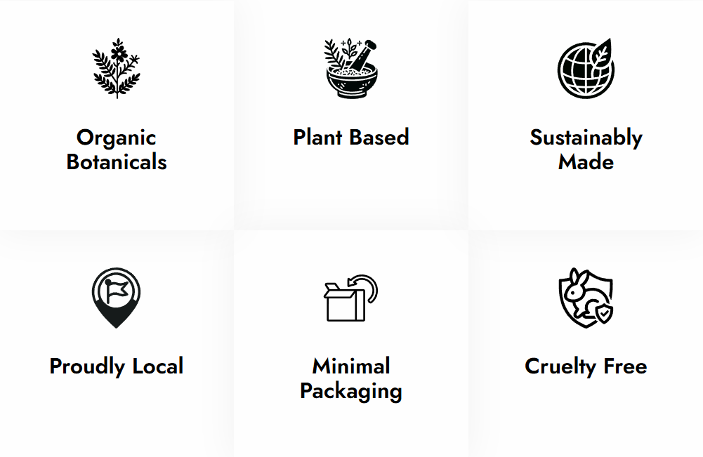 Organic Botanicals, Plant Based, Sustainably Made, Proudly Local, Minimal Packaging. Cruelty Free