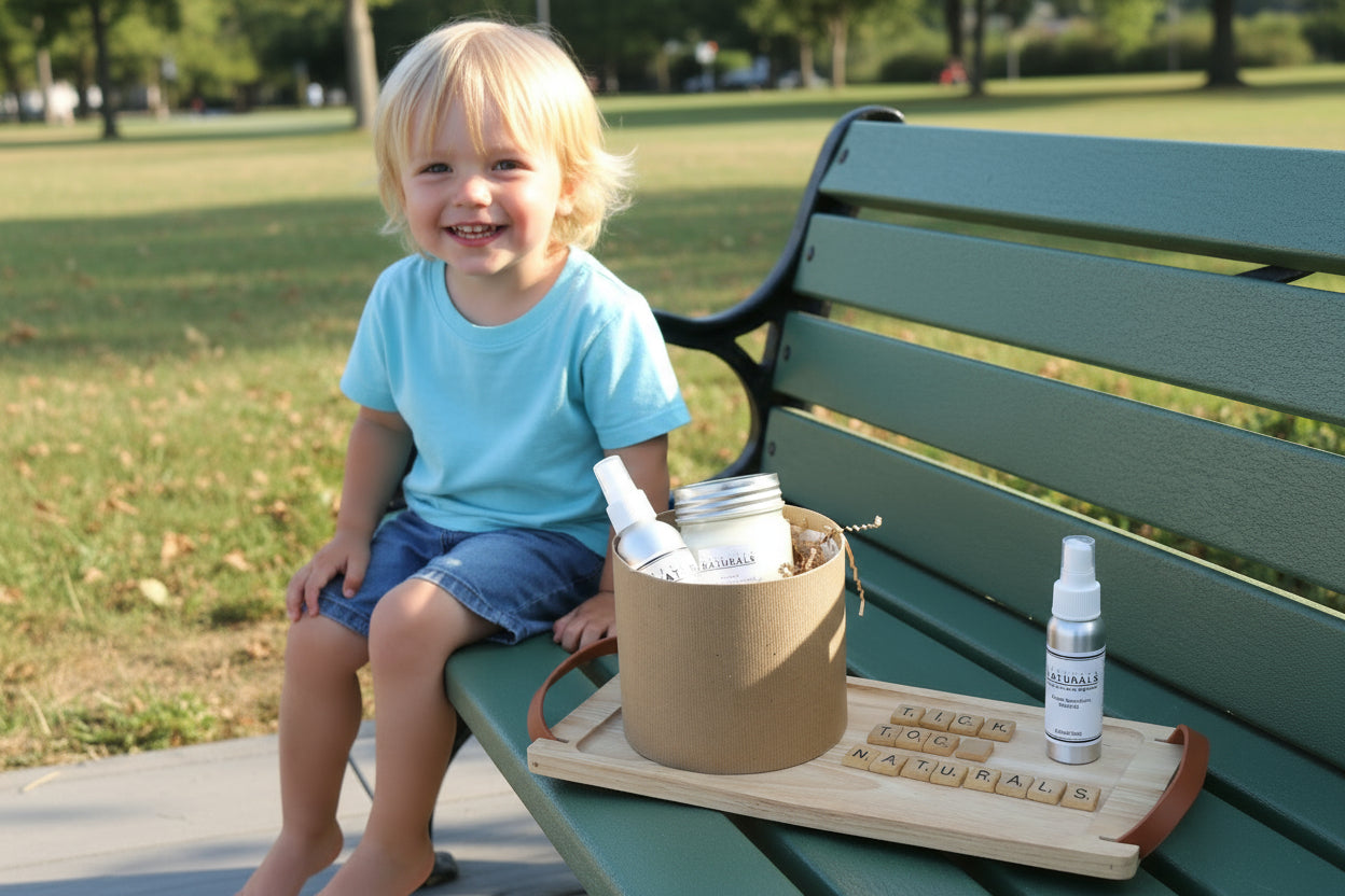 Natural skincare repellent products on a wooden tray with &